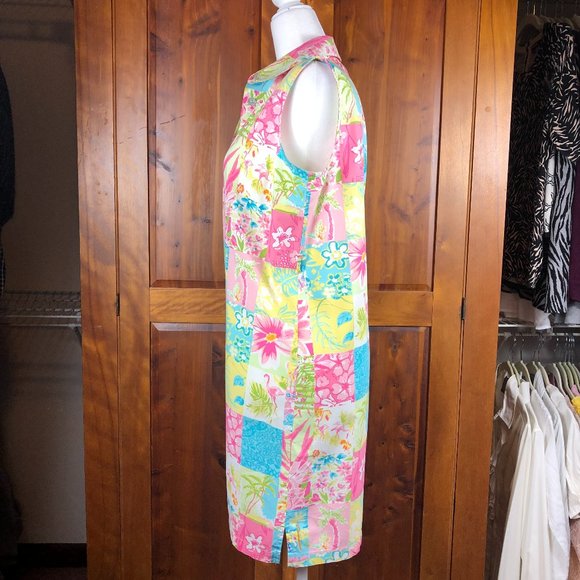 Vintage Palm Lily Cottagecore Sleeveless Boho Patchwork Button Front Shirt Dress - Picture 3 of 16